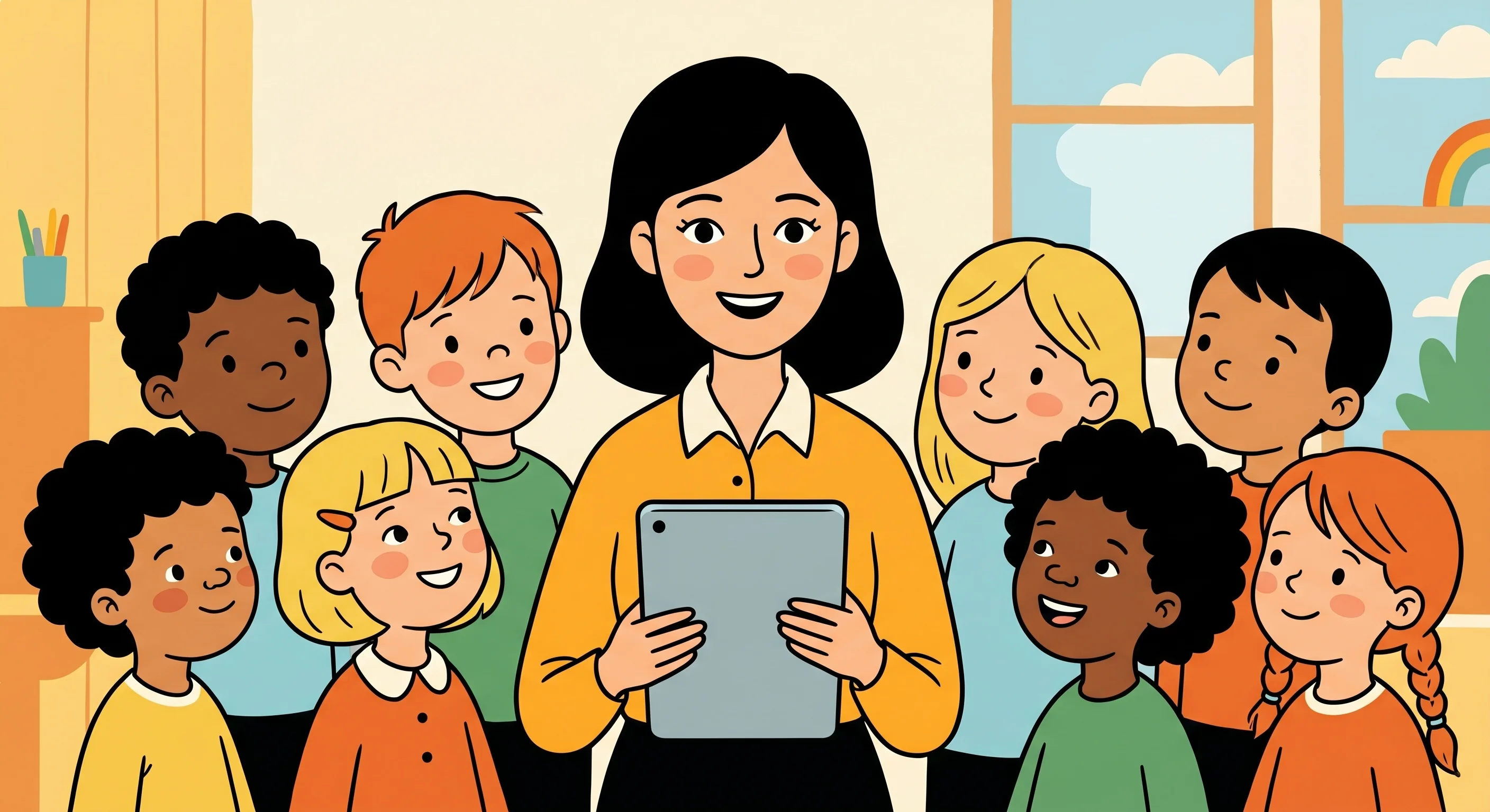 Erzieherin mit Tablet, umringt von fröhlichen Kindern in der Kita